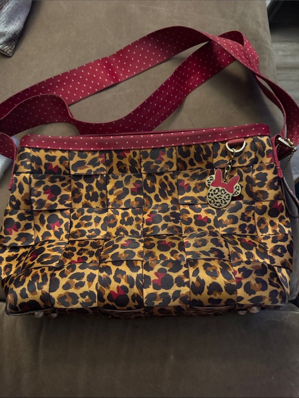 Harveys Leopard Print Crossbody with Red Polka-Dot Strap